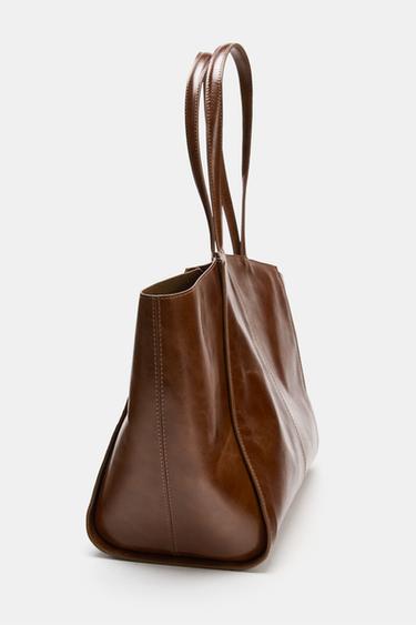 SAC SHOPPER EN CUIR AVEC SURPIQÛRES - Marron foncé de Zara - Image 5