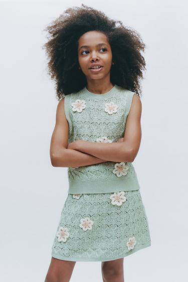 Zara BEADED FLORAL KNIT SKIRT - Sea green
