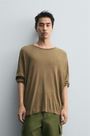 비스코스 - 린넨 리미티드 에디션 티셔츠 - Zara 초콜렛