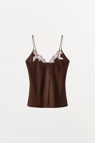 TOP SATINADO BORDADOS ENCAJE - Marrón de Zara