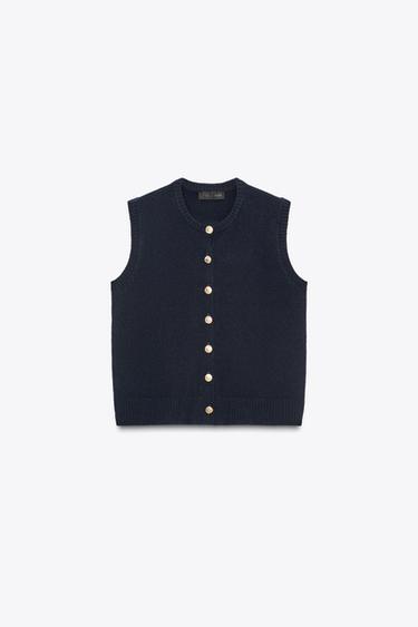 GILET EN LAINE À BOUTONS DORÉS - Bleu marine de Zara - Image 4