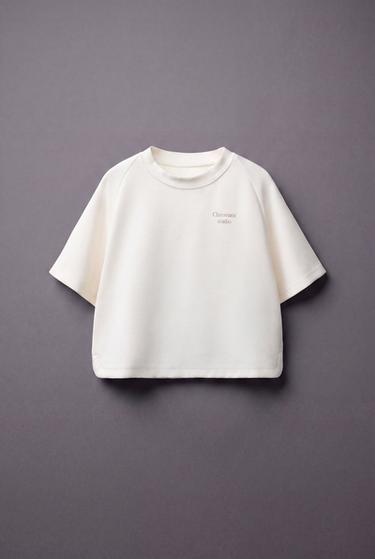 Zara CONTRAST RAISED TEXT T-SHIRT - Ecru