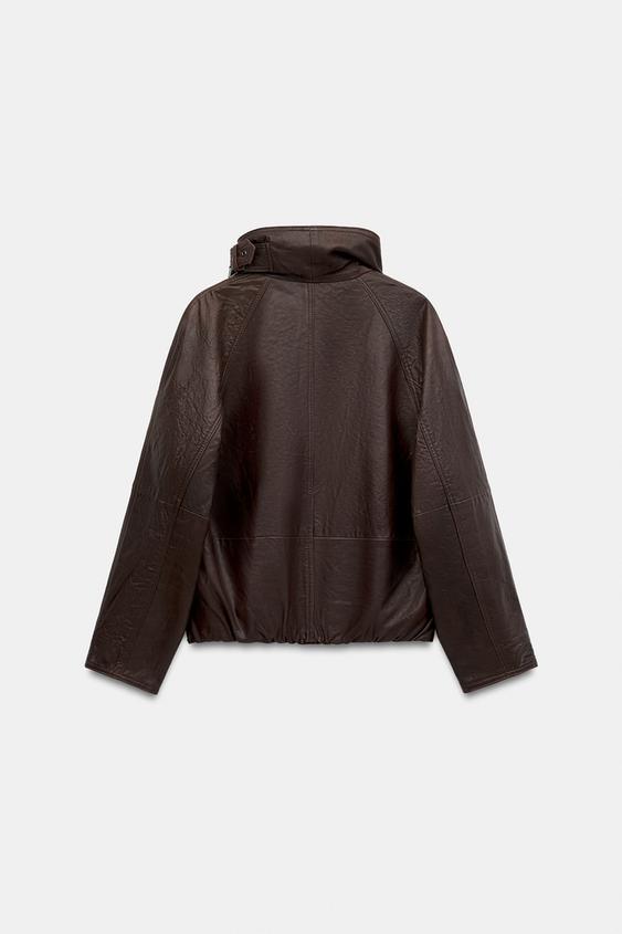 BLOUSON 100 % CUIR À COL MONTANT ZW COLLECTION - Marron de Zara - Image 8