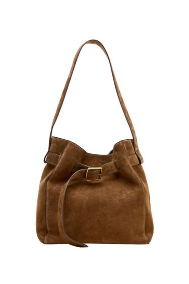 LEATHER BUCKET BAG WITH BELT DETAIL - Brown by Zara