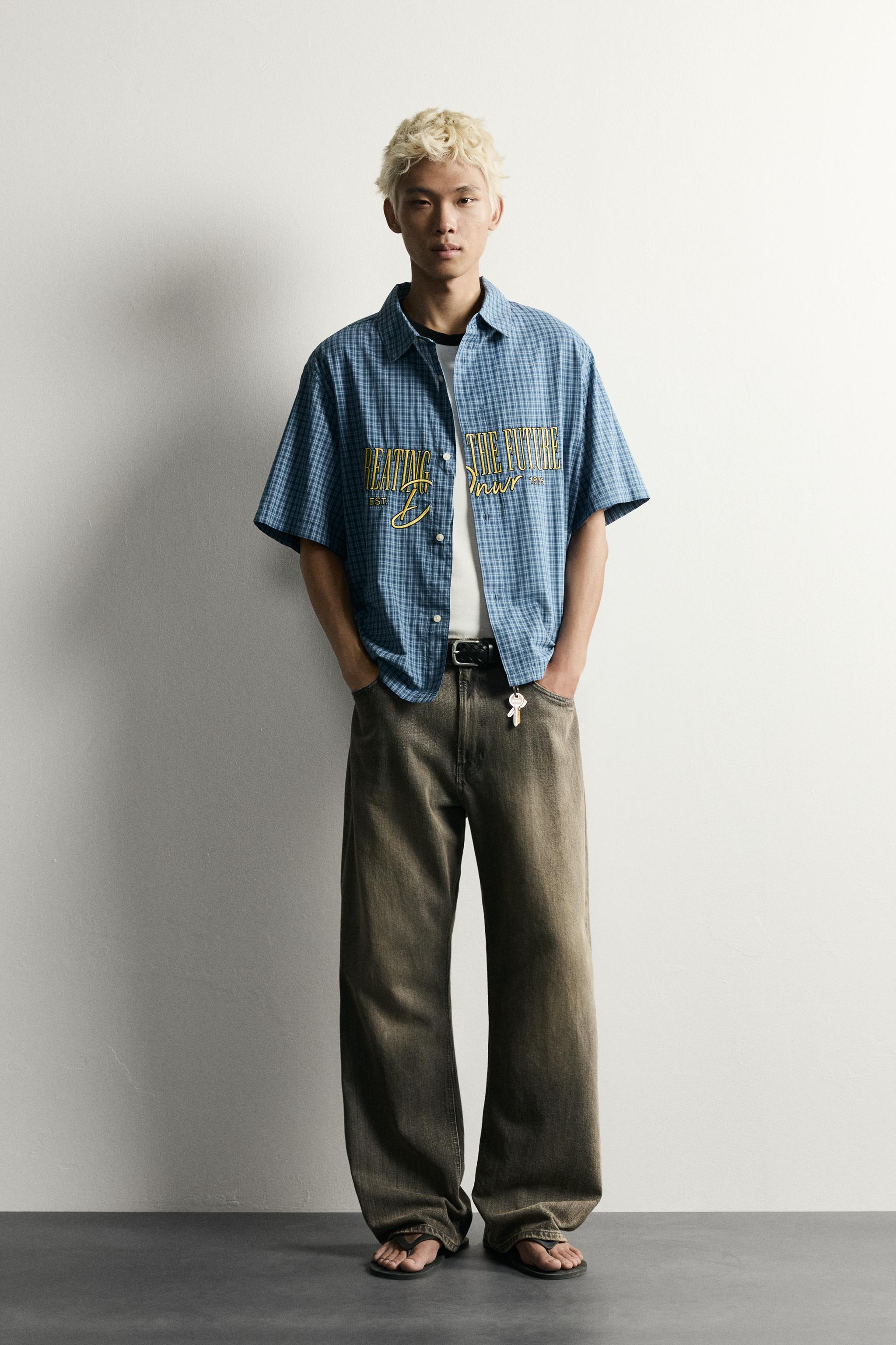 RELAXED FIT PLAID ZIPPER SHIRT - Blue | ZARA Canada