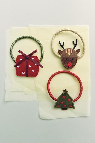Zara THREE-PACK OF REINDEER, TREE, AND GIFT HAIR TIES - Red