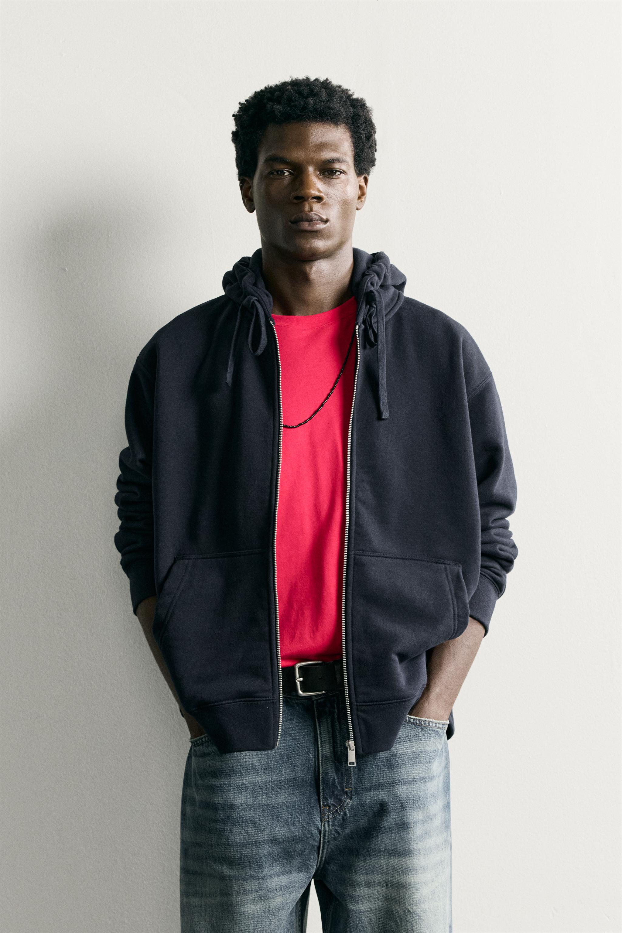 RELAXED FIT ZIP-UP HOODIE — Navy blue