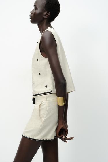 GILET BRODÉ À POMPONS - Écru de Zara - Image 3