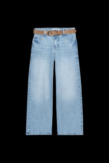 Zara Z.10 HIGH-WAISTED BELTED CULOTTE JEANS - Light blue