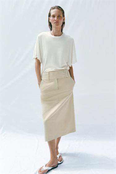 Zara WIDE WAISTBAND MIDI SKIRT - Light beige