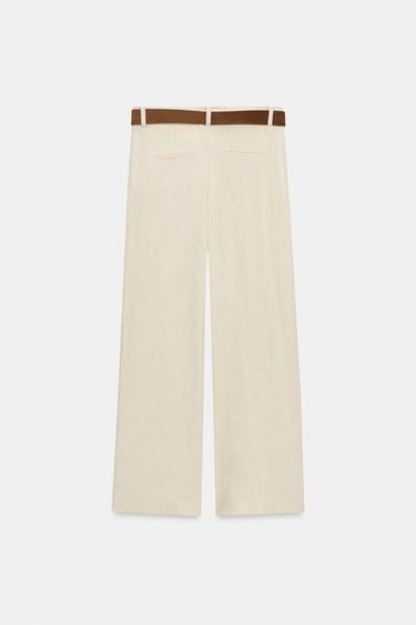 PANTALON JUPE-CULOTTE EN LIN AVEC CEINTURE - Beige clair de Zara - Image 4
