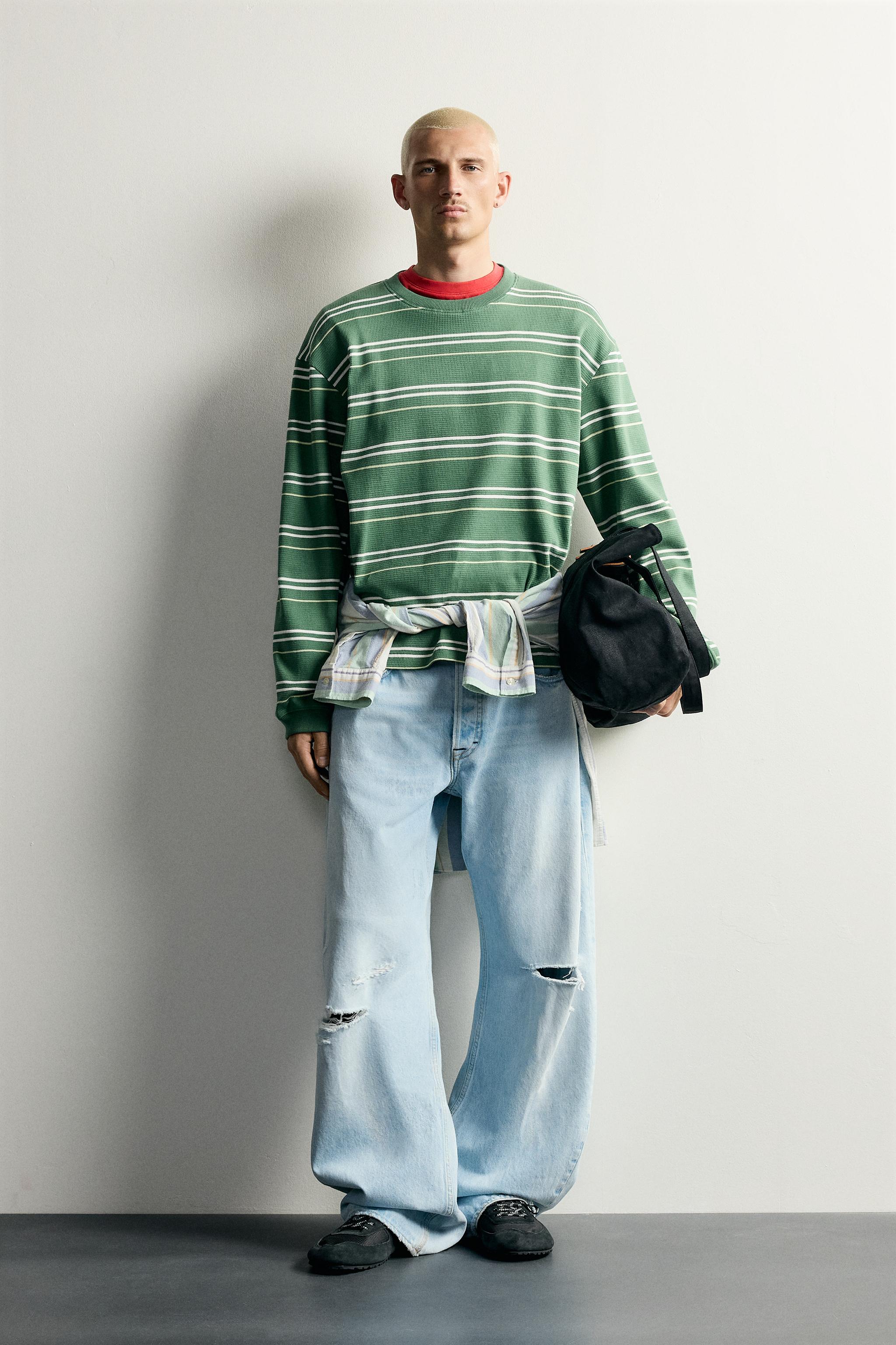 STRIPED WAFFLE KNIT SWEATSHIRT