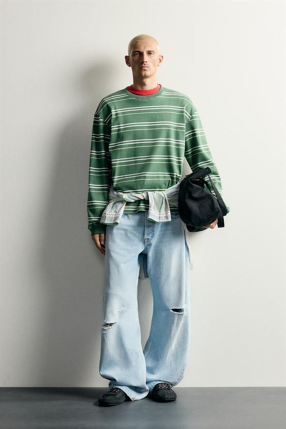 Zara STRIPED WAFFLE KNIT SWEATSHIRT - Green / Ecru - Image 0