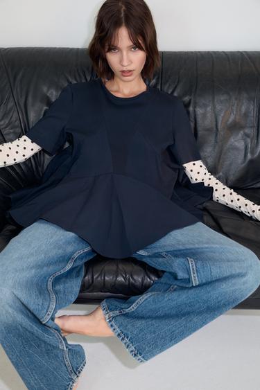 Zara COMBINATION RUFFLE T-SHIRT - Navy blue