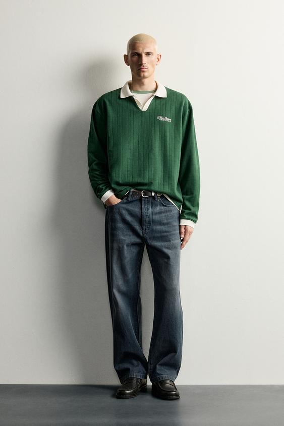 Zara EMBROIDERED TEXT JACQUARD POLO - Green - Image 0