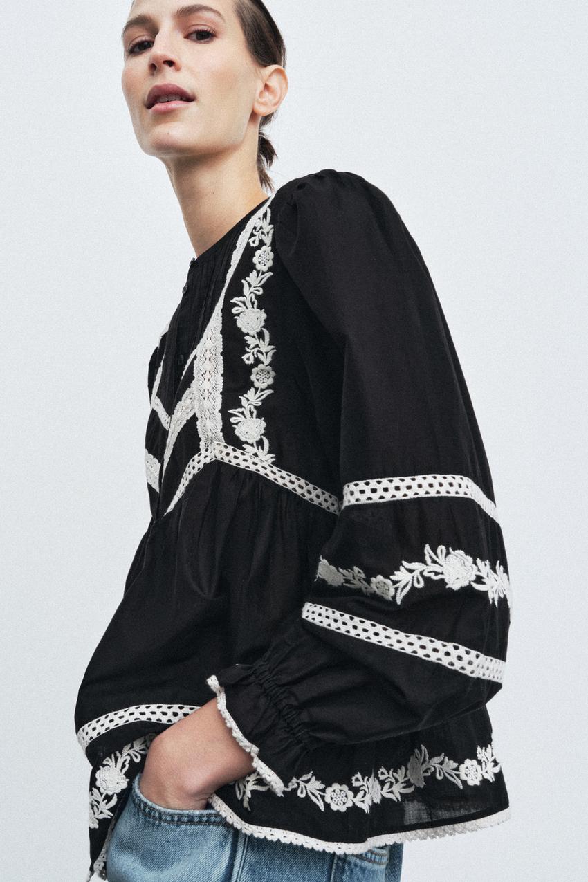 刺繍ブラウス ZW COLLECTION - ブラック/ホワイト | ZARA Japan / 日本