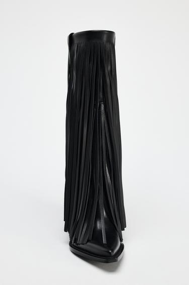 Zara FRINGED LEATHER COWBOY BOOTS - Black