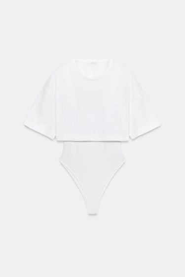 CONTRAST CROPPED T-SHIRT BODYSUIT - White by Zara - Image 4