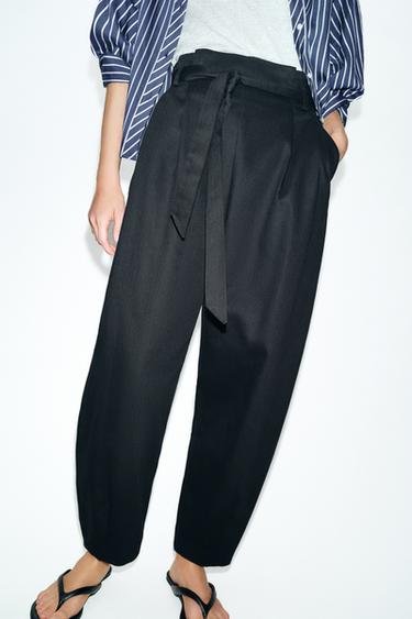 PANTALON PAPERBAG AVEC CEINTURE - Bleu nuit de Zara - Image 1