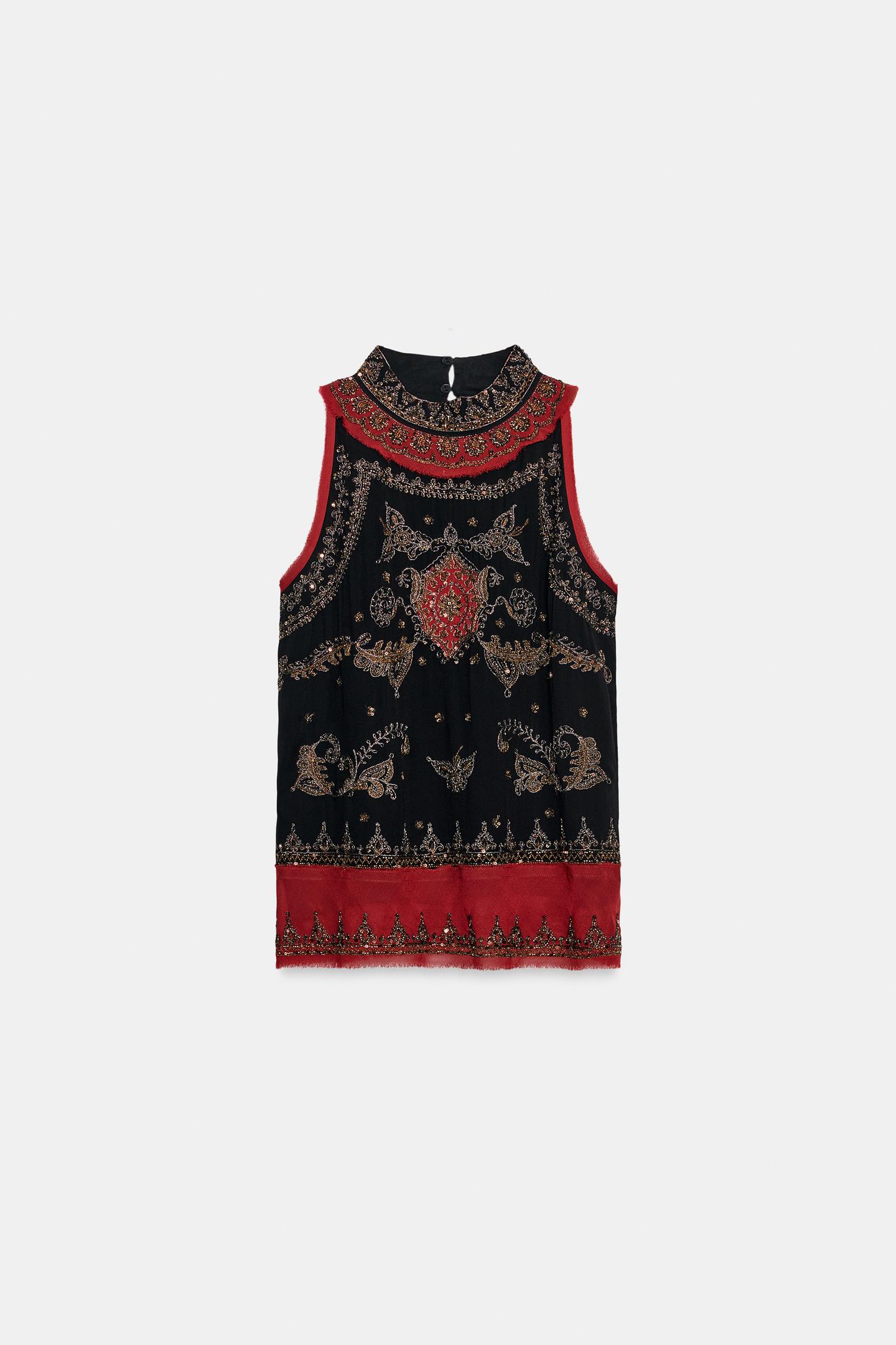 Женский топ Zara ZW Collection Embroidered Beaded Combined, цвет: Чёрный — фото 8