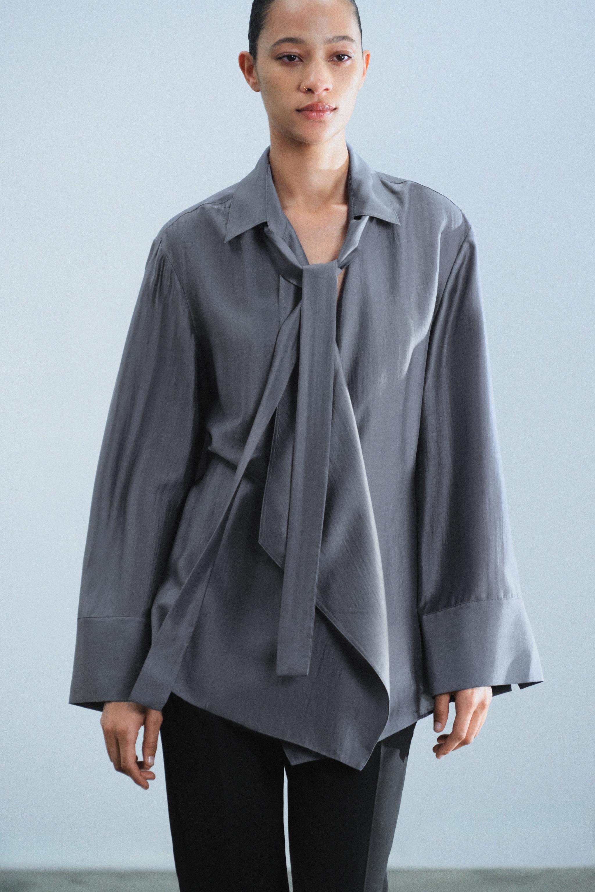 Zara ZW COLLECTION FİYONKLU DÖKÜMLÜ GÖMLEK görsel 5