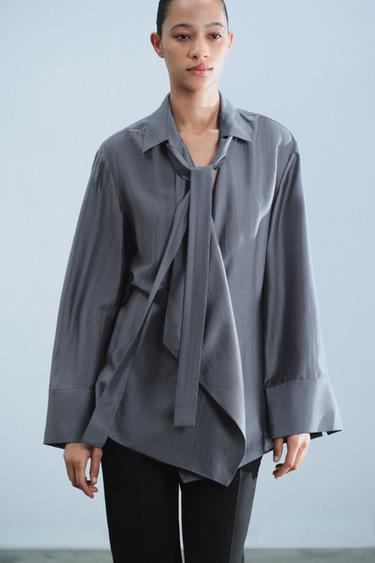 ZW COLLECTION FLOWY BOW SHIRT — Dark gray 1