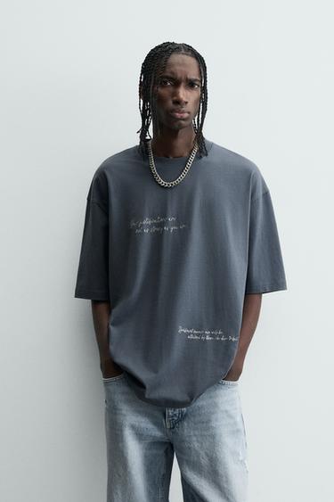 Zara EMBROIDERED TEXT T-SHIRT - Blue / Gray
