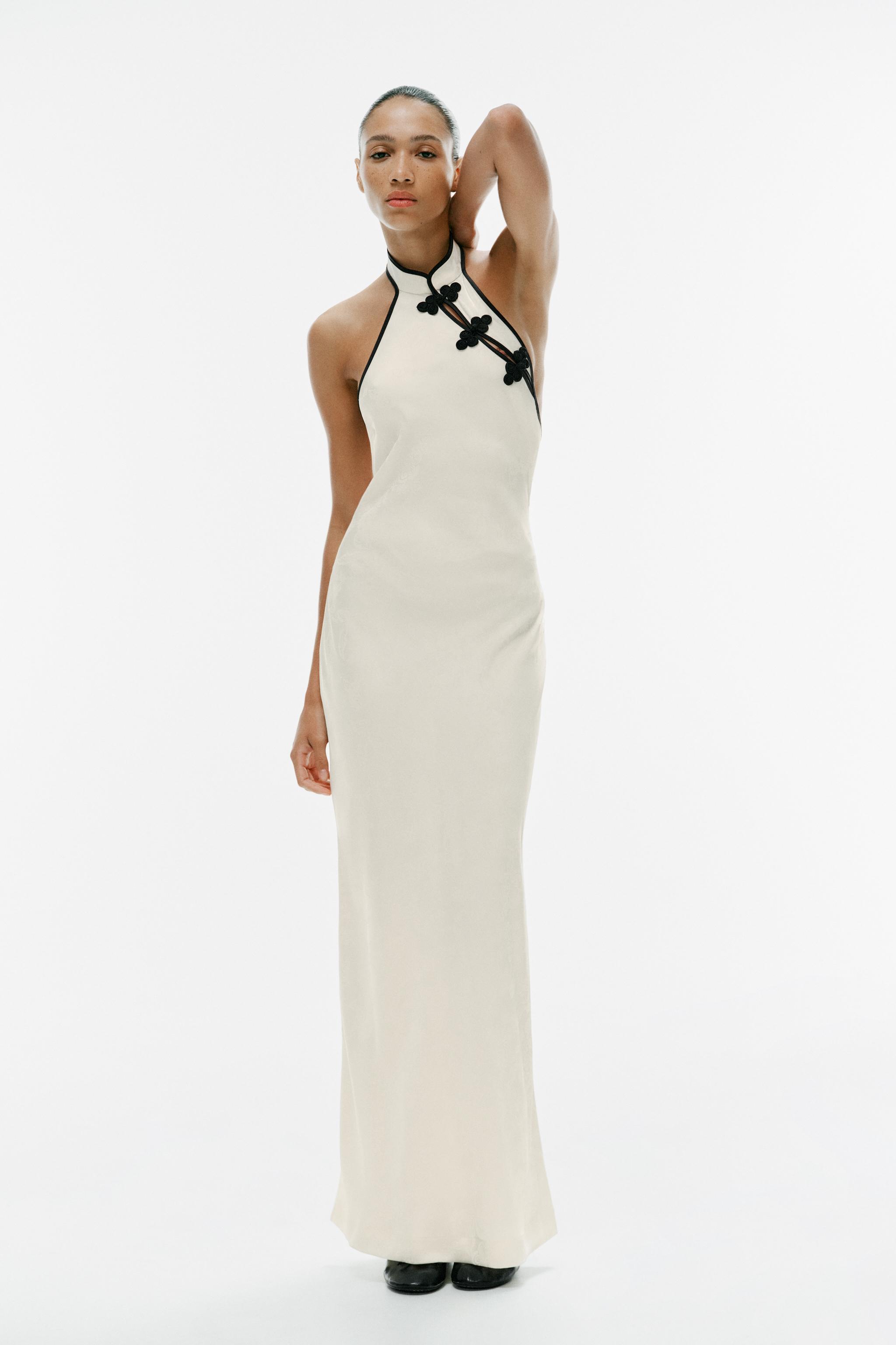 MIDI JACQUARD FROG FASTENING DRESS — Oyster-white