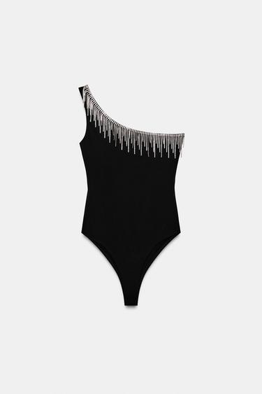 ASYMMETRIC FRINGED SHIMMER BODYSUIT - Black by Zara