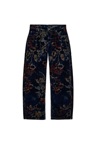جينز مجموعة ZW بقصّة واسعة بخصر متوسّط بنقشة زهور - أزرق الخاص بـ Zara