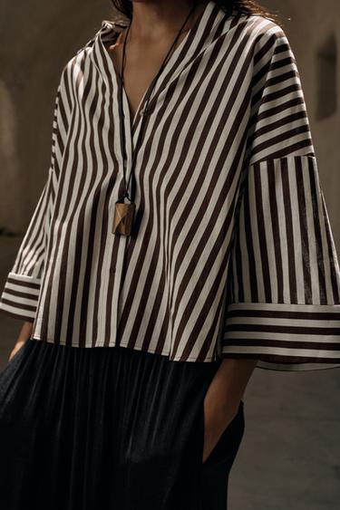 CAMISA MANGA ANCHA CON LINO - marron/blanco de Zara