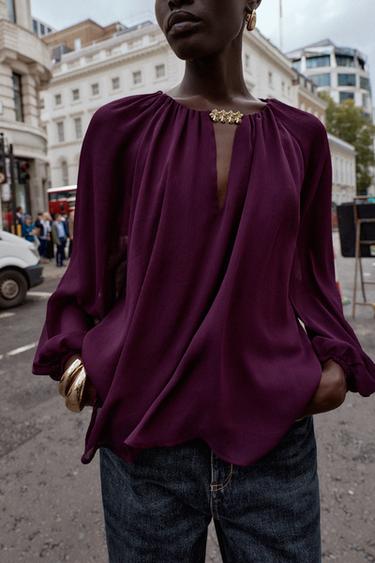 SEMI-SHEER BLOUSE WITH TRIM - Dark aubergine by Zara