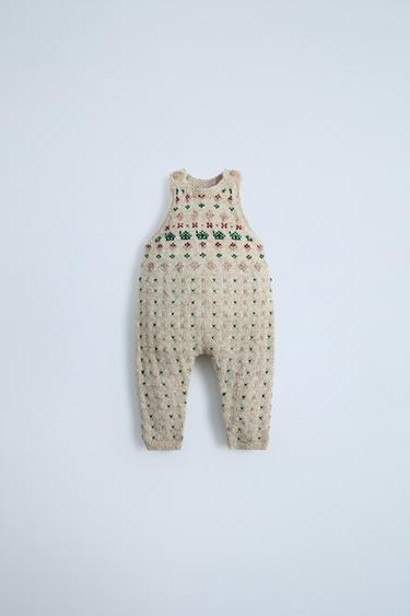 Zara JACQUARD KNIT OVERALLS - Light beige