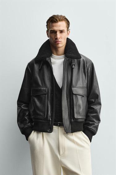 LEATHER JACKET WITH CONTRAST COLLAR - Black by Zara
