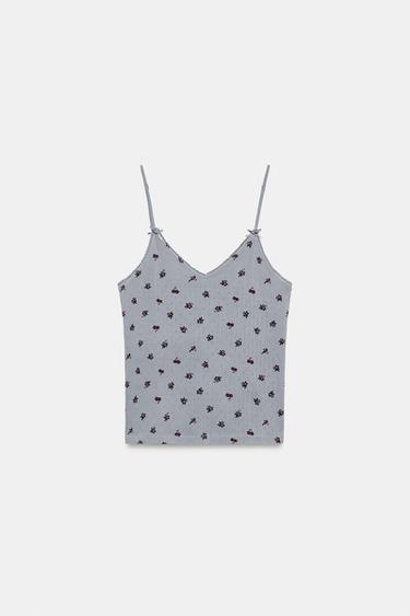Zara POINTELLE FLORAL TOP - Gray