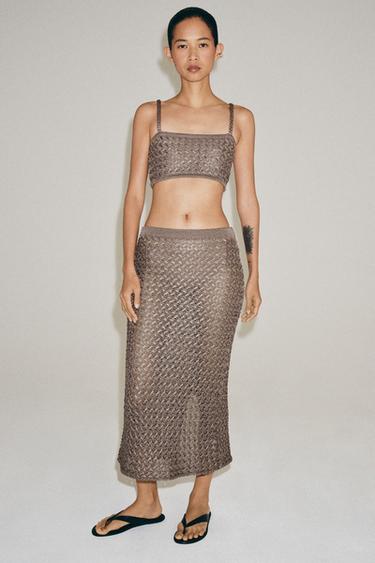 CABLE-KNIT CROP TOP - mink brown by Zara
