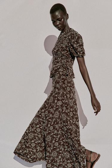 Zara EMBROIDERED MIDI SKIRT - Brown / Ecru