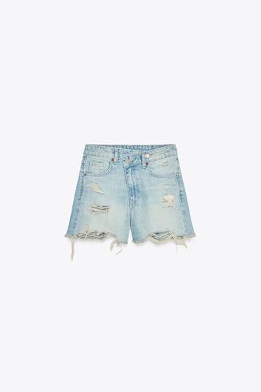 BERMUDA DENIM TRF MOM FIT CINTURA CRUZADA TIRO ALTO - Celeste de Zara