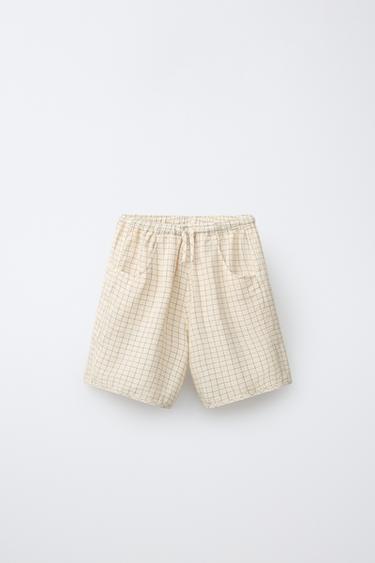 100% LINEN CHECK BERMUDA SHORTS - Butter by Zara