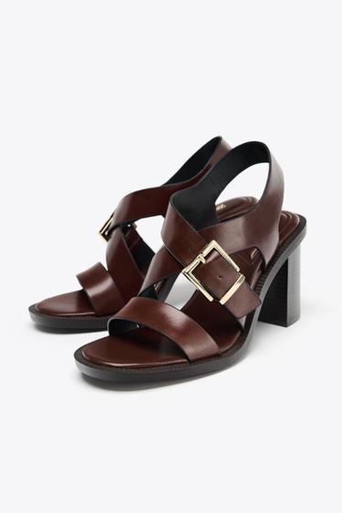 LEATHER BUCKLE HEEL SANDALS - Brown by Zara - Image 3