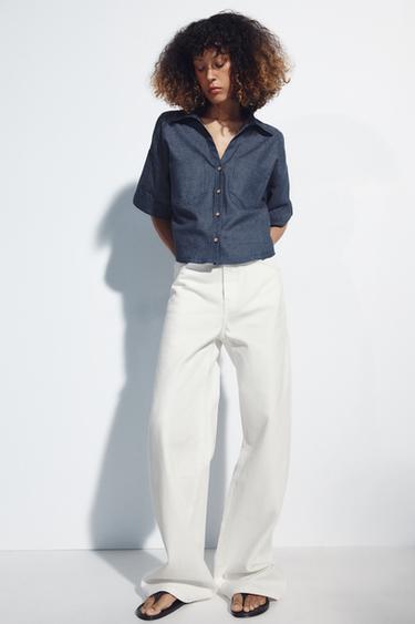 Zara DENIM EFFECT BUTTONED CROPPED SHIRT - Indigo