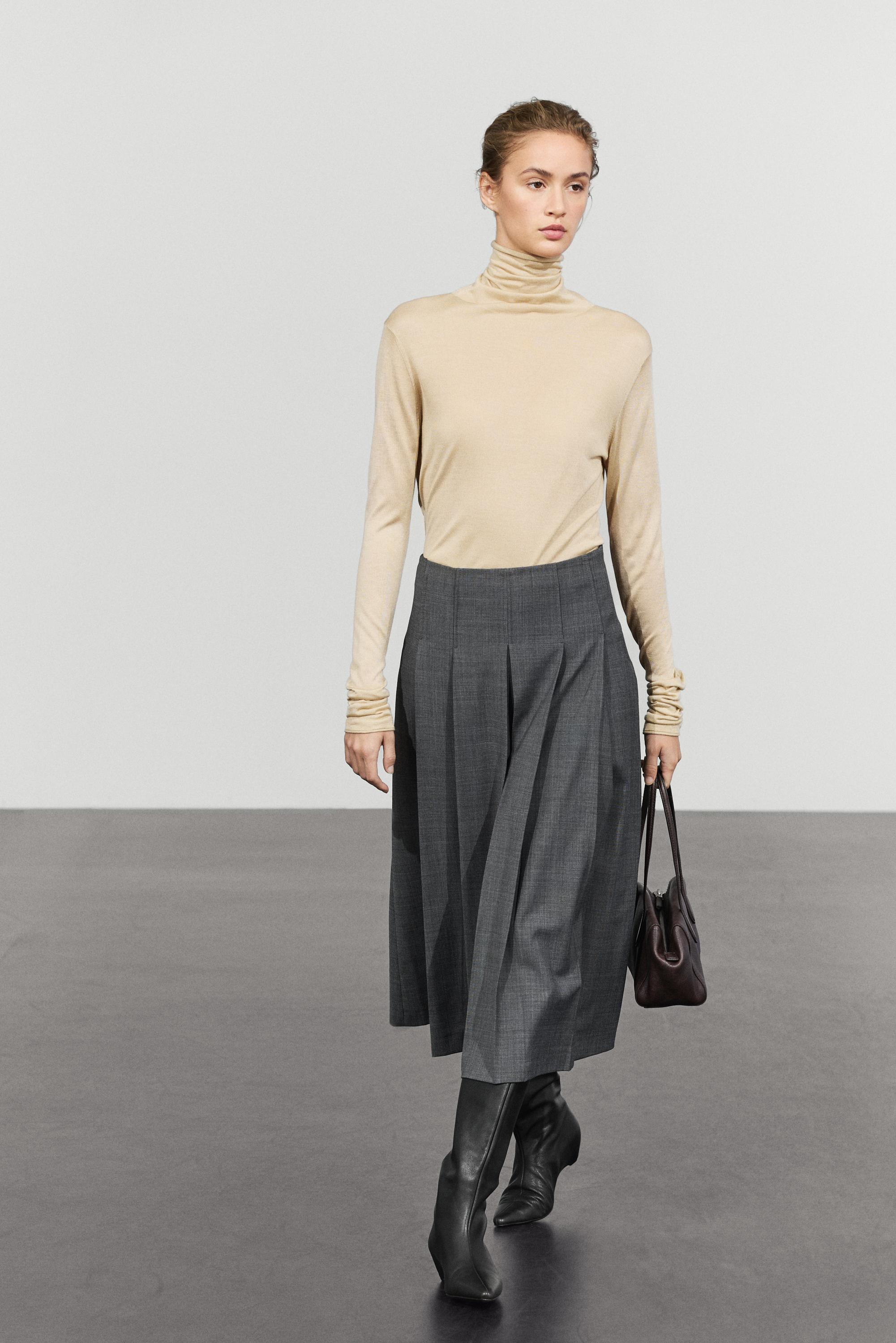 Pleated wool-blend midi skirt