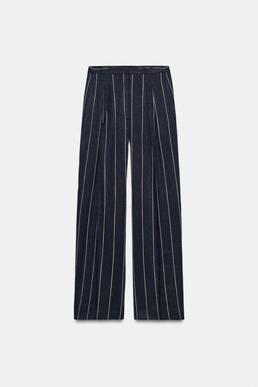 ZW COLLECTION STRIPED LINEN BLEND TROUSERS - Navy blue by Zara - Image 4