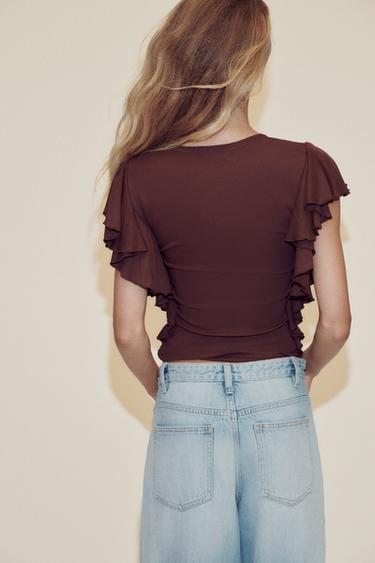 T-SHIRT WITH RUFFLE SLEEVES - Brown by Zara - Image 3
