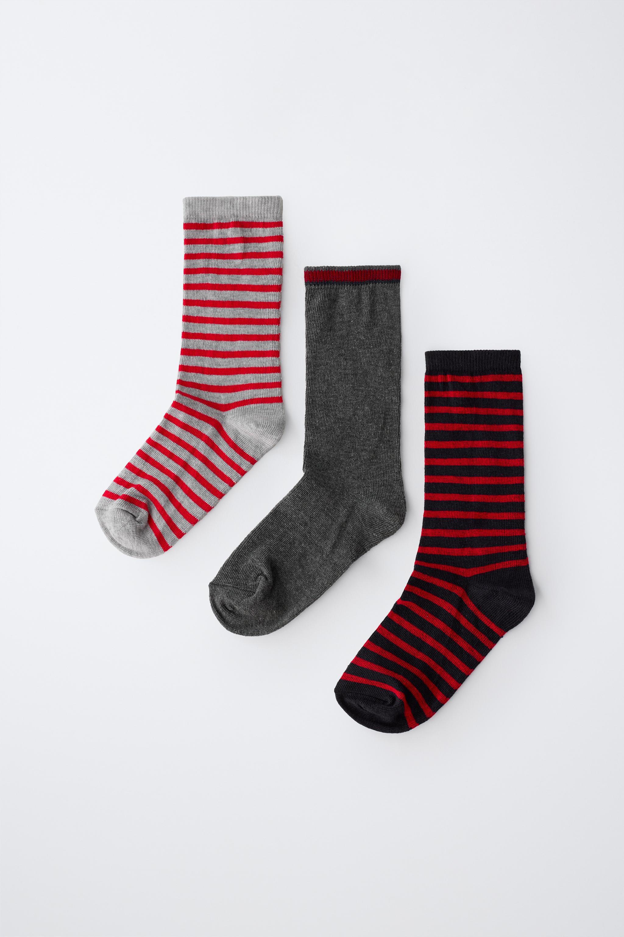 LOT DE TROIS PAIRES CHAUSSETTES MI-HAUTES RAYÉES ET UNIES