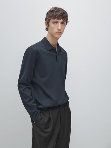 Zara Long sleeve polo shirt with ribbed detail - Navy blue