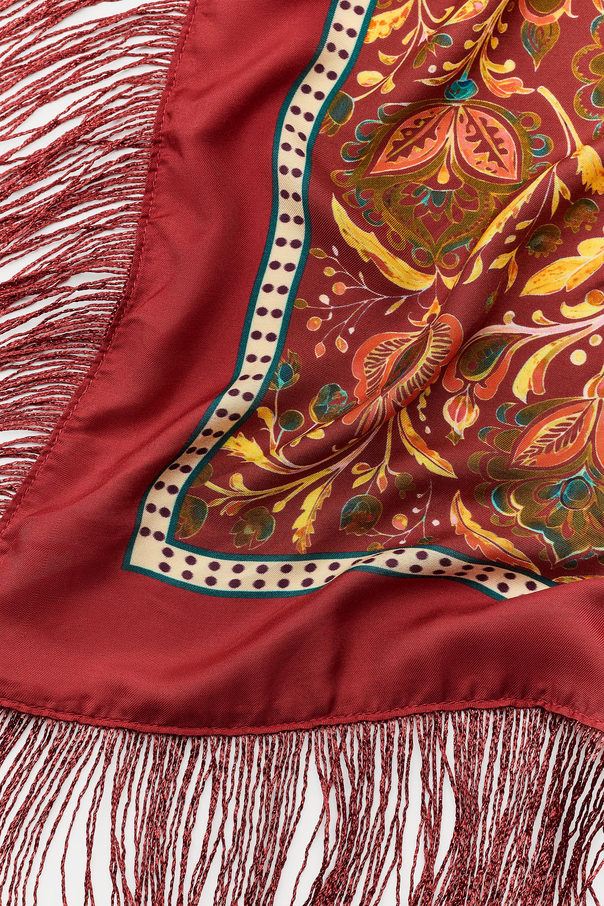 FLORAL PRINT SILK BLEND SCARF WITH FRINGE
