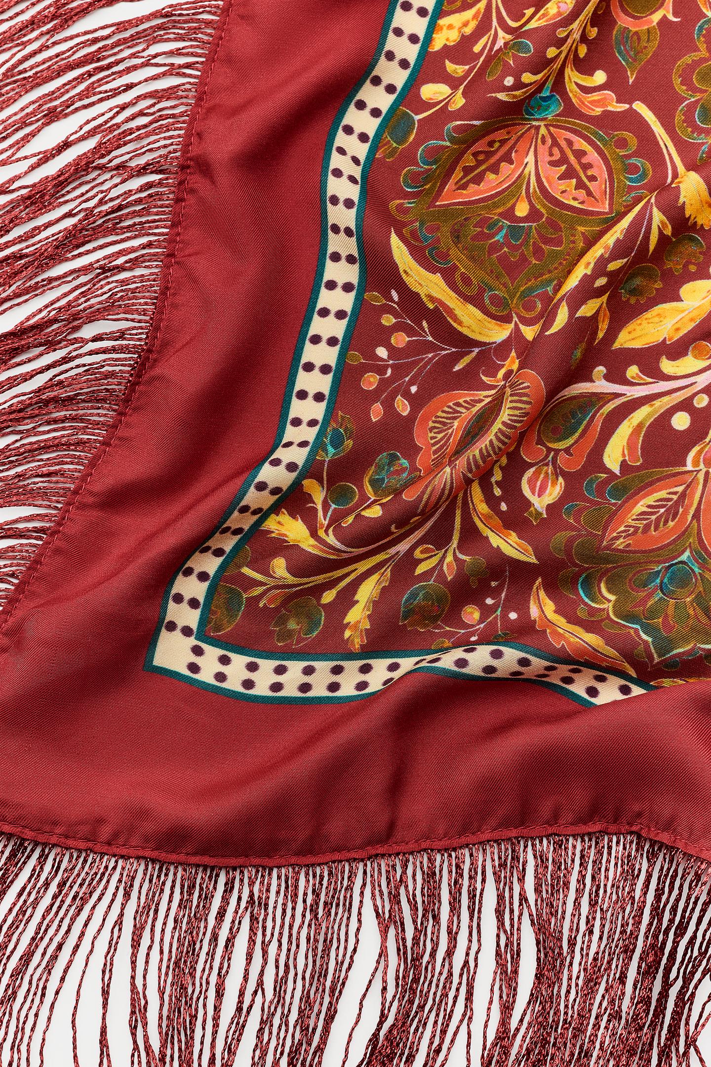 Женский шарф Zara Floral Print Silk Blend with Fringe, цвет: Красный — фото 3