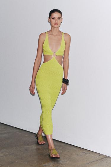 Zara CUT OUT KNIT DRESS - Lime green
