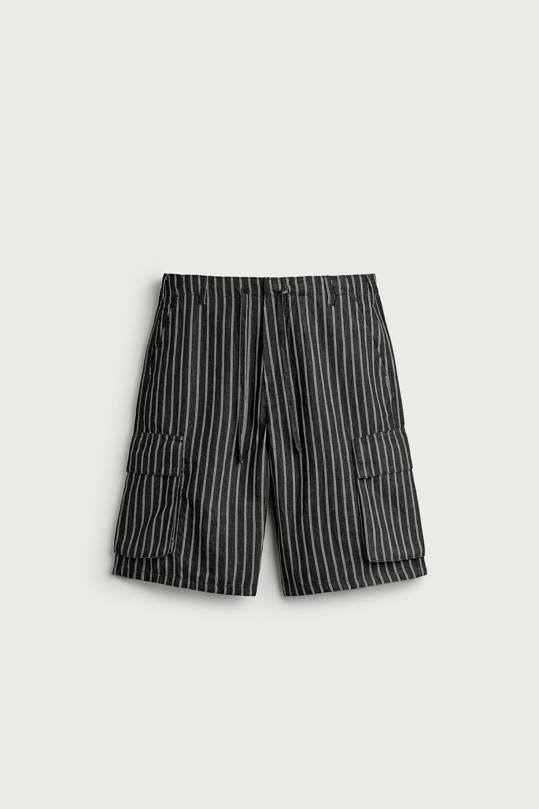 STRIPED COTTON-LINEN DENIM CARGO SHORTS — Blue / Black